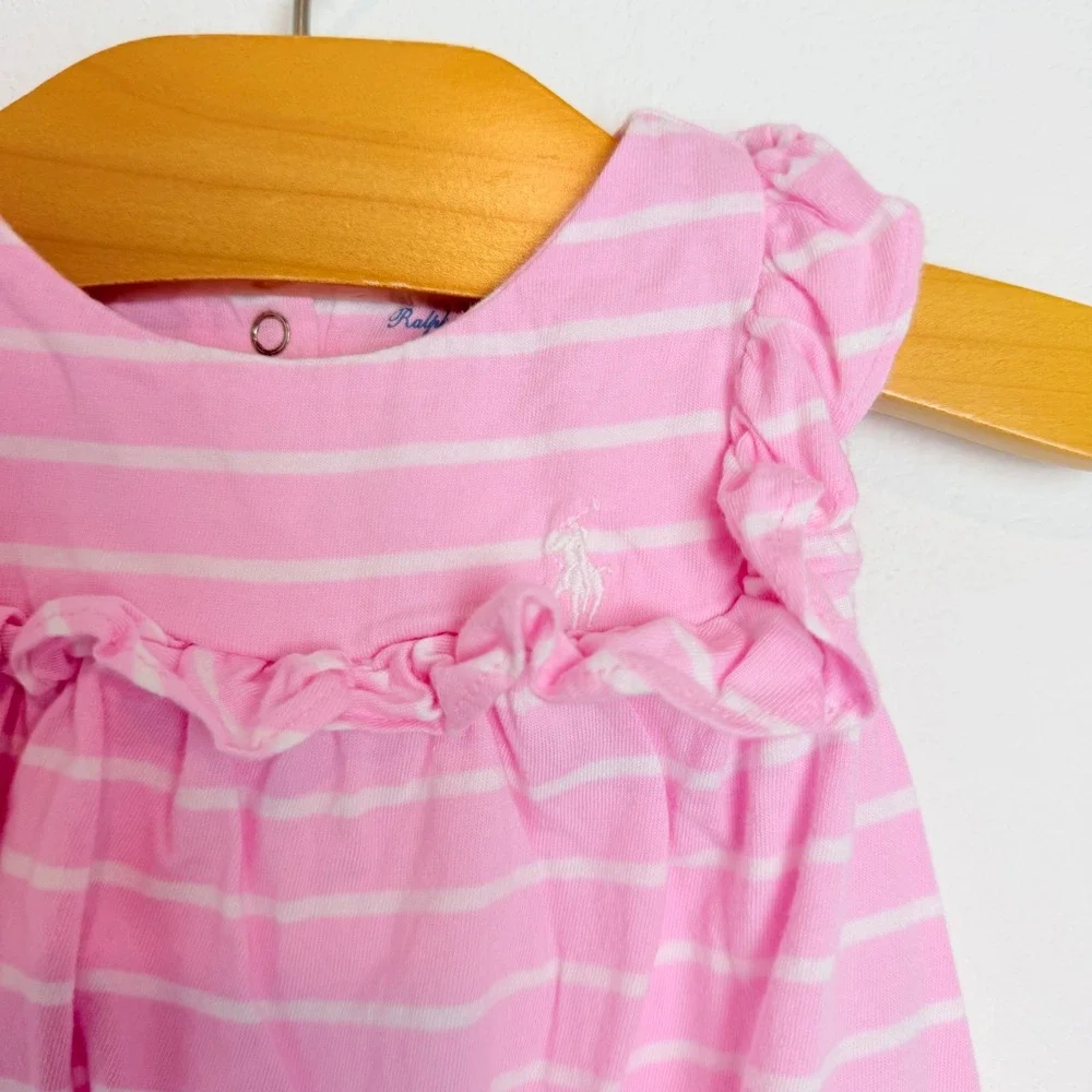 Ralph Lauren Baby Girls Pink White Striped Ruffle Dress & Diaper Cover Set 12M
